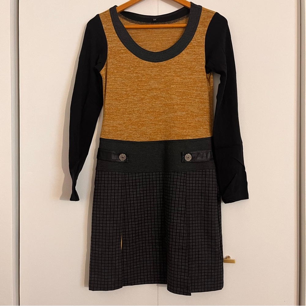 Casual Yellow and Gray Long Sleeve Scoop Neck Dress 🇨🇦